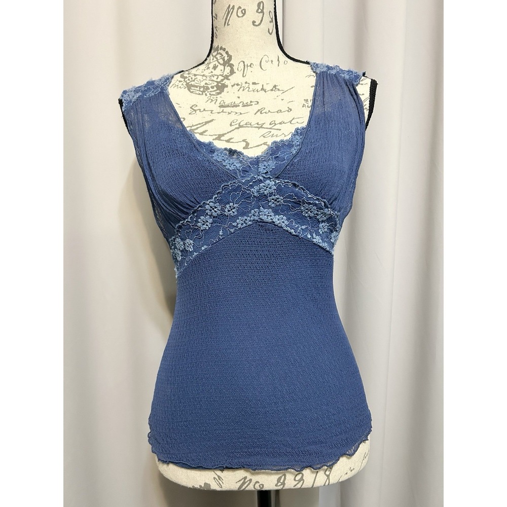 Ann Ferriday Vintage Blue Lace Trimmed Mesh Fairy Grunge Cami Top One Size
